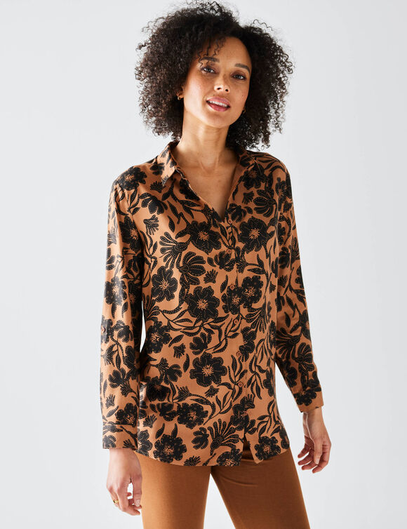 Chemise liquette imprimé floral bicolore (caramel / noir) Chemise liquette imprimé floral bicolore (caramel / noir)